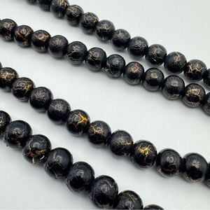 Black Beaded Necklace Gold Vein Detail Round Stone Beads 28–29”